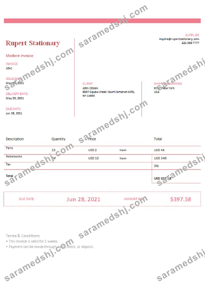USA Rupert Stationary invoice